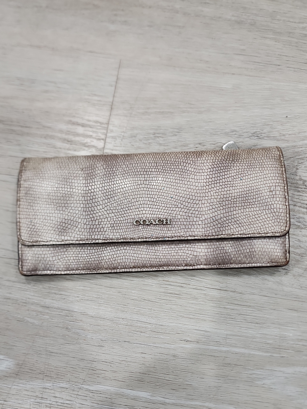COACH Metallic Taupe Textured Fold-Over Wallet